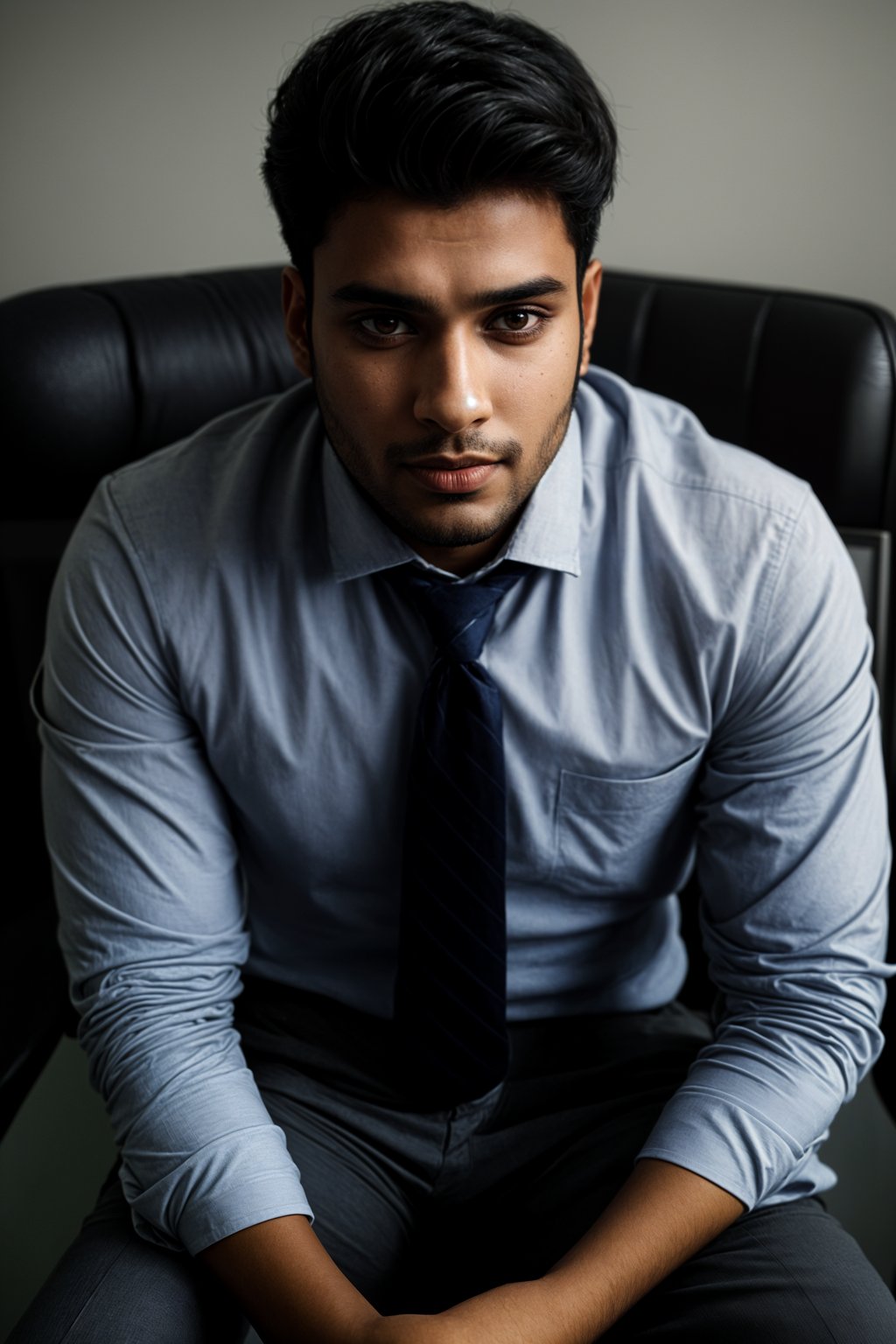 headshot of man, sitting at a desk, at a (office),  shirt and tie and suit pants