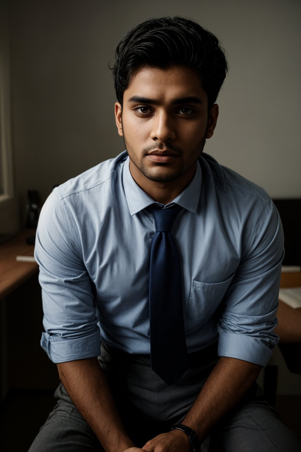 headshot of man, sitting at a desk, at a (office),  shirt and tie and suit pants