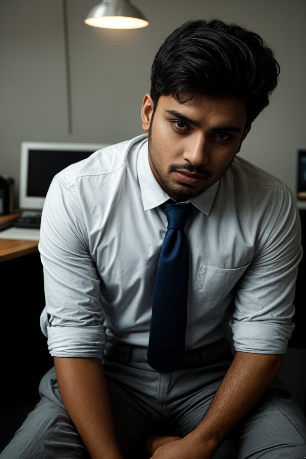 headshot of man, sitting at a desk, at a (office),  shirt and tie and suit pants