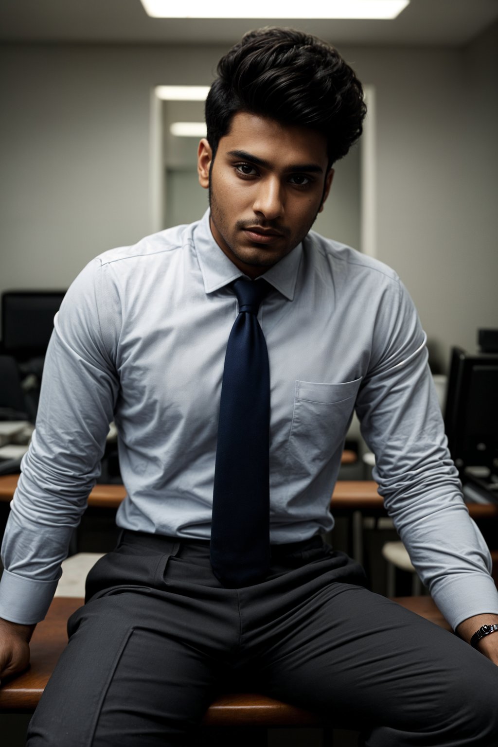 headshot of man, sitting at a desk, at a (office),  shirt and tie and suit pants