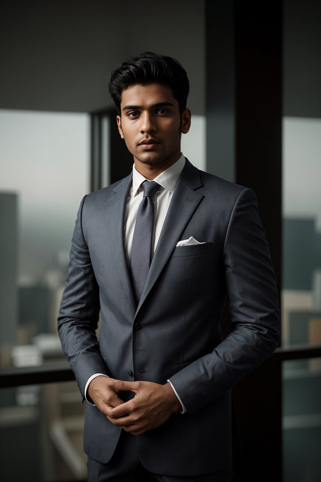 8k professional headshot of man, crisp details, studio backdrop, executive attire, confident posture, neutral expression, high-definition, corporate setting, sharp focus, ambient lighting, business professional, cityscape view