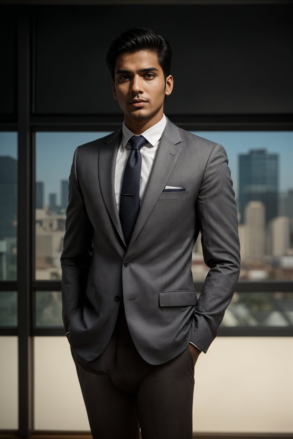 8k professional headshot of man, crisp details, studio backdrop, executive attire, confident posture, neutral expression, high-definition, corporate setting, sharp focus, ambient lighting, business professional, cityscape view