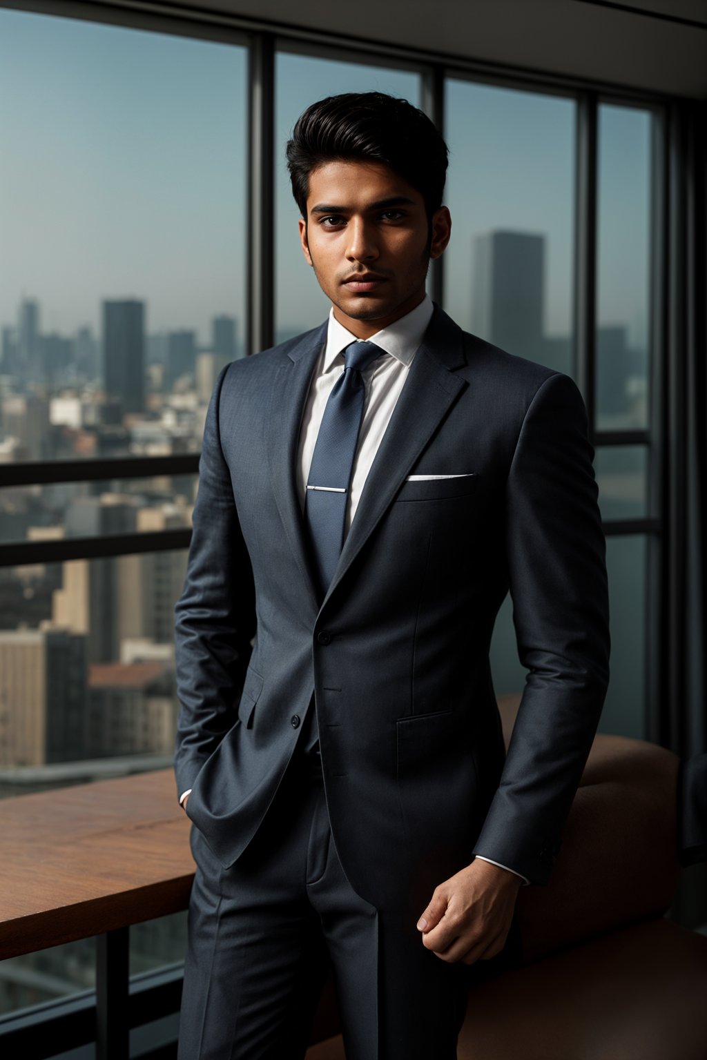 8k professional headshot of man, crisp details, studio backdrop, executive attire, confident posture, neutral expression, high-definition, corporate setting, sharp focus, ambient lighting, business professional, cityscape view