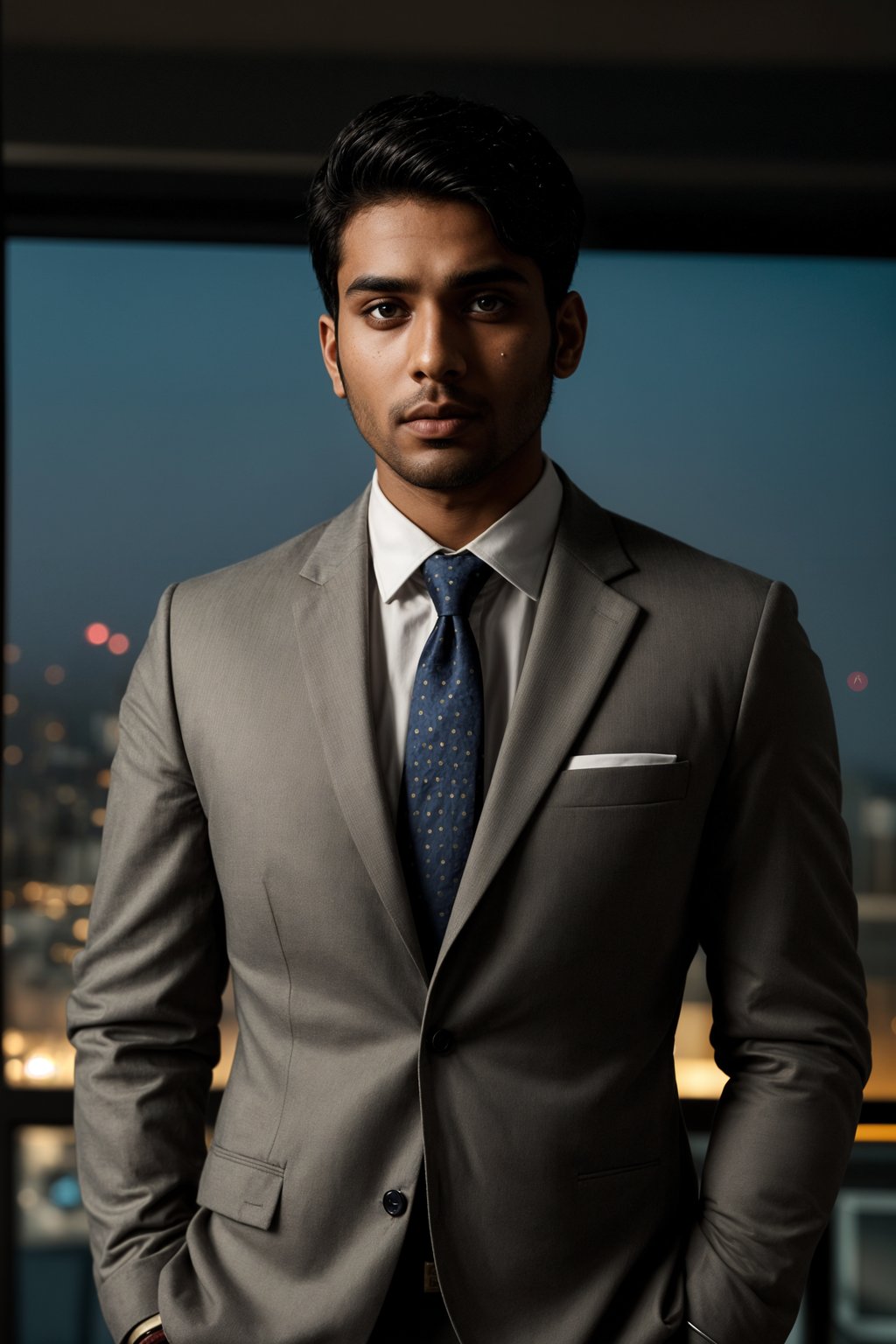 8k professional headshot of man, crisp details, studio backdrop, executive attire, confident posture, neutral expression, high-definition, corporate setting, sharp focus, ambient lighting, business professional, cityscape view