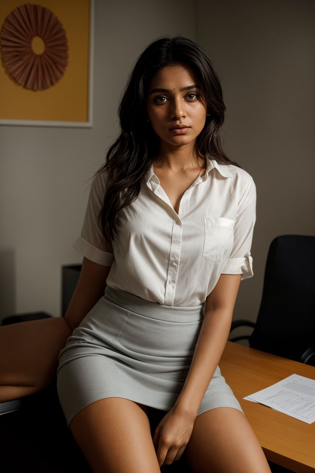 headshot of woman, sitting at a desk, at a (office), BREAK elegant blouse, pencil skirt, makeup