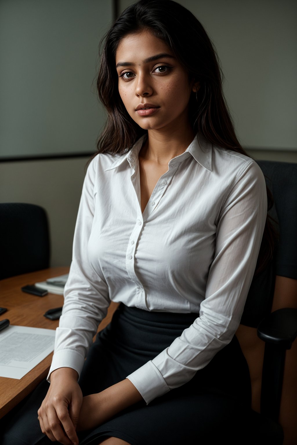 headshot of woman, sitting at a desk, at a (office), BREAK elegant blouse, pencil skirt, makeup