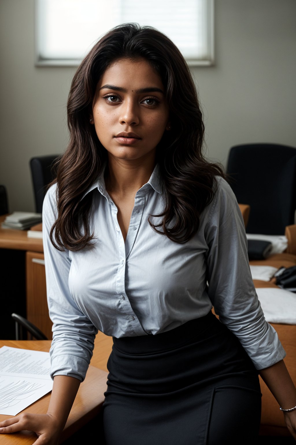 headshot of woman, sitting at a desk, at a (office), BREAK elegant blouse, pencil skirt, makeup