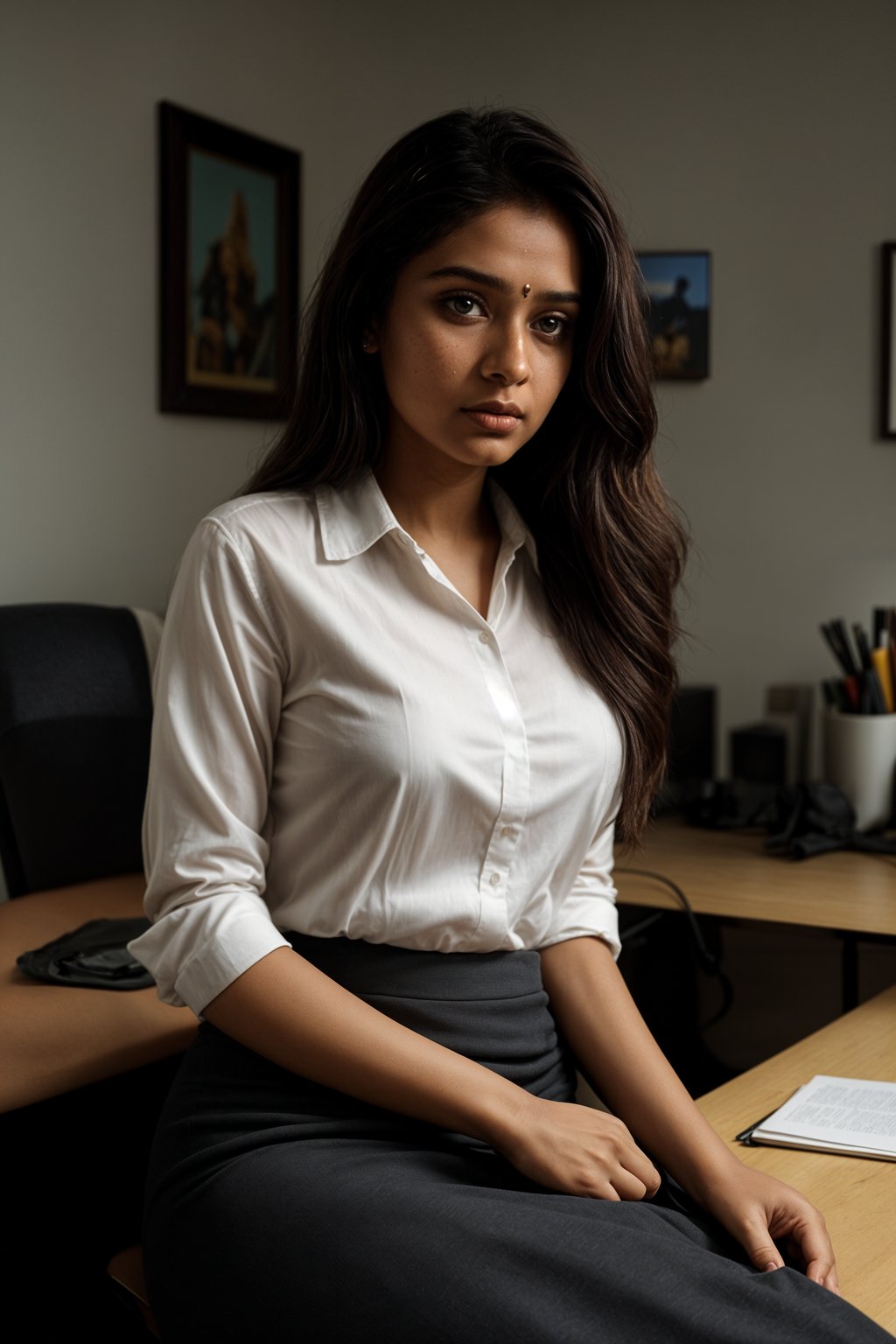 headshot of woman, sitting at a desk, at a (office), BREAK elegant blouse, pencil skirt, makeup