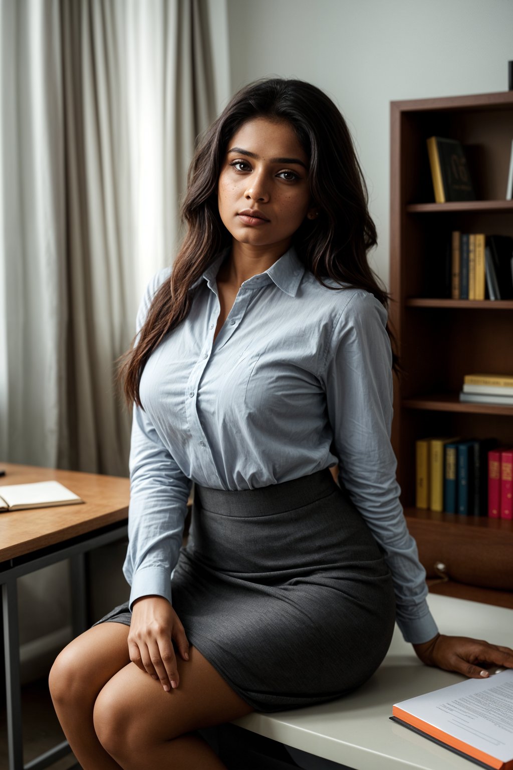 headshot of woman, sitting at a desk, at a (office), BREAK elegant blouse, pencil skirt, makeup