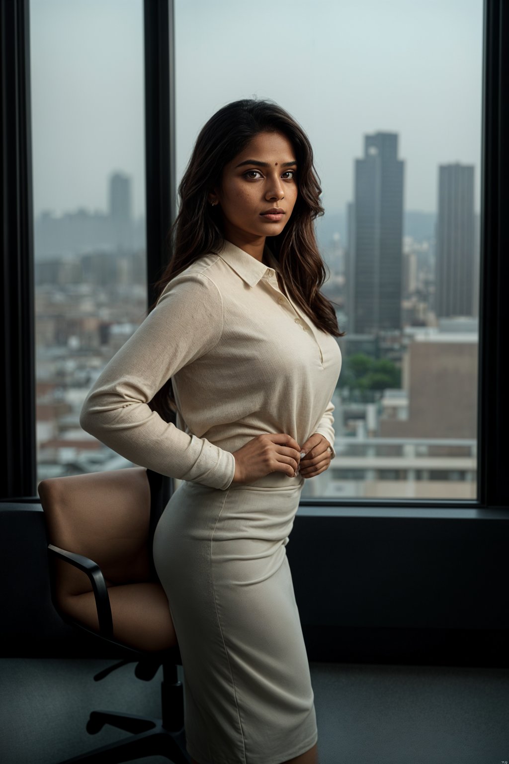 8k professional headshot of woman, crisp details, studio backdrop, executive attire, confident posture, neutral expression, high-definition, corporate setting, sharp focus, ambient lighting, business professional, cityscape view