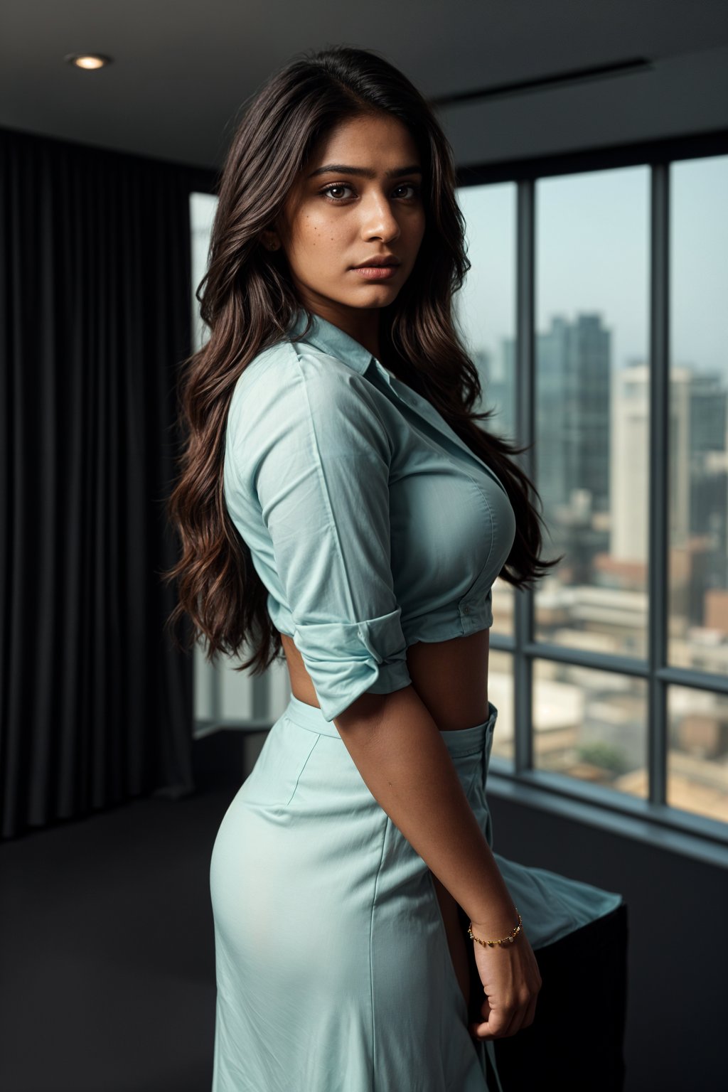 8k professional headshot of woman, crisp details, studio backdrop, executive attire, confident posture, neutral expression, high-definition, corporate setting, sharp focus, ambient lighting, business professional, cityscape view