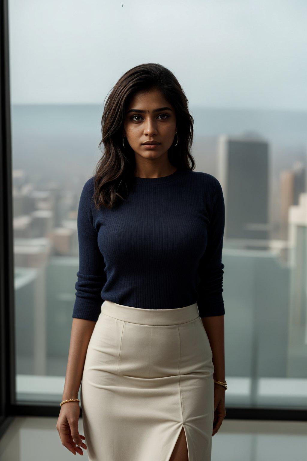 8k professional headshot of woman, crisp details, studio backdrop, executive attire, confident posture, neutral expression, high-definition, corporate setting, sharp focus, ambient lighting, business professional, cityscape view