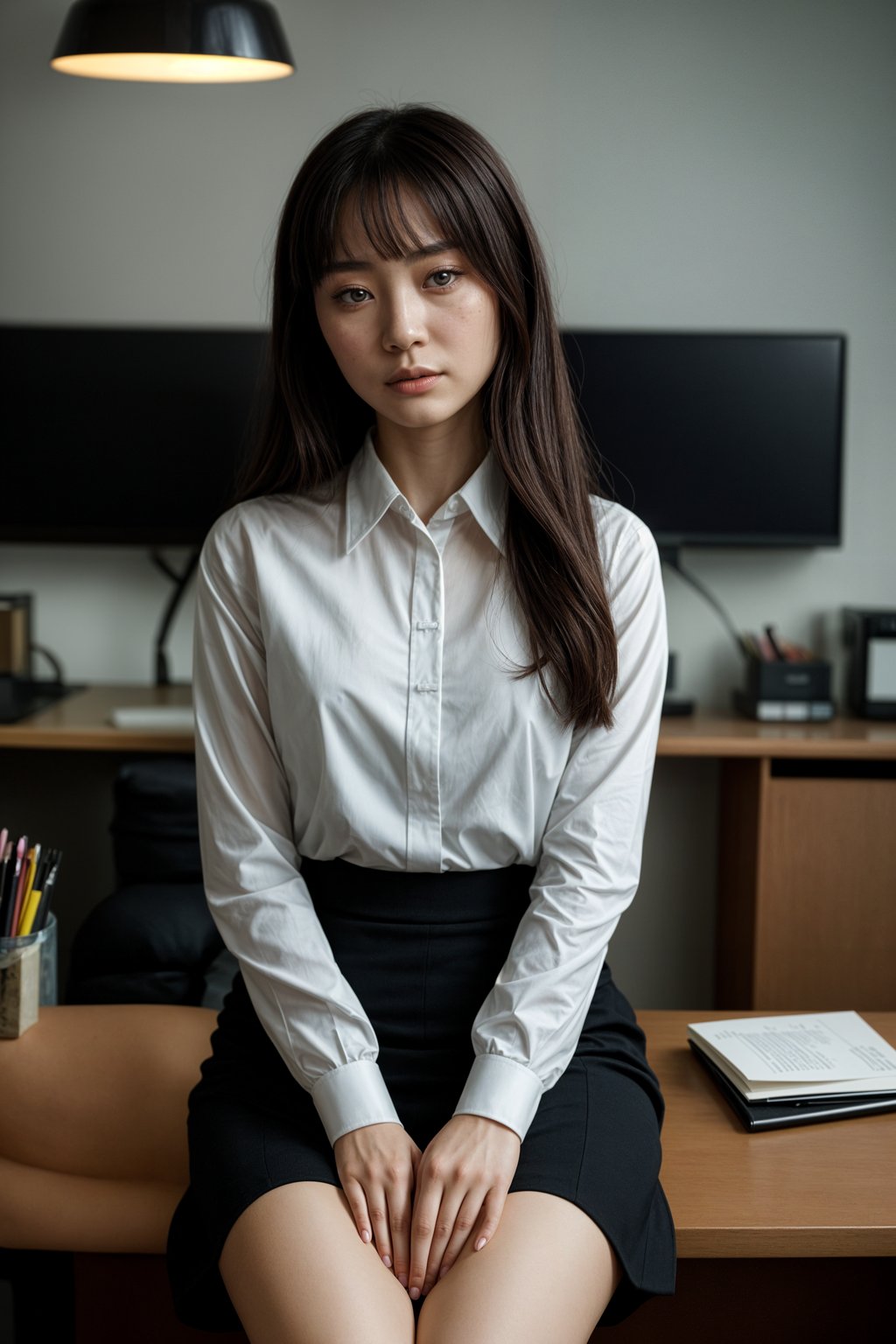 headshot of woman, sitting at a desk, at a (office), BREAK elegant blouse, pencil skirt, makeup