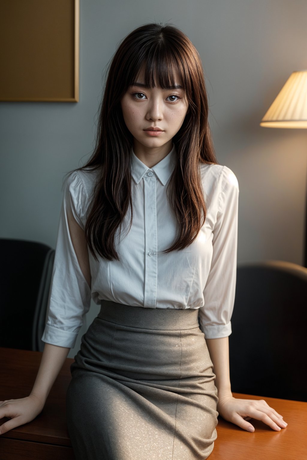 headshot of woman, sitting at a desk, at a (office), BREAK elegant blouse, pencil skirt, makeup