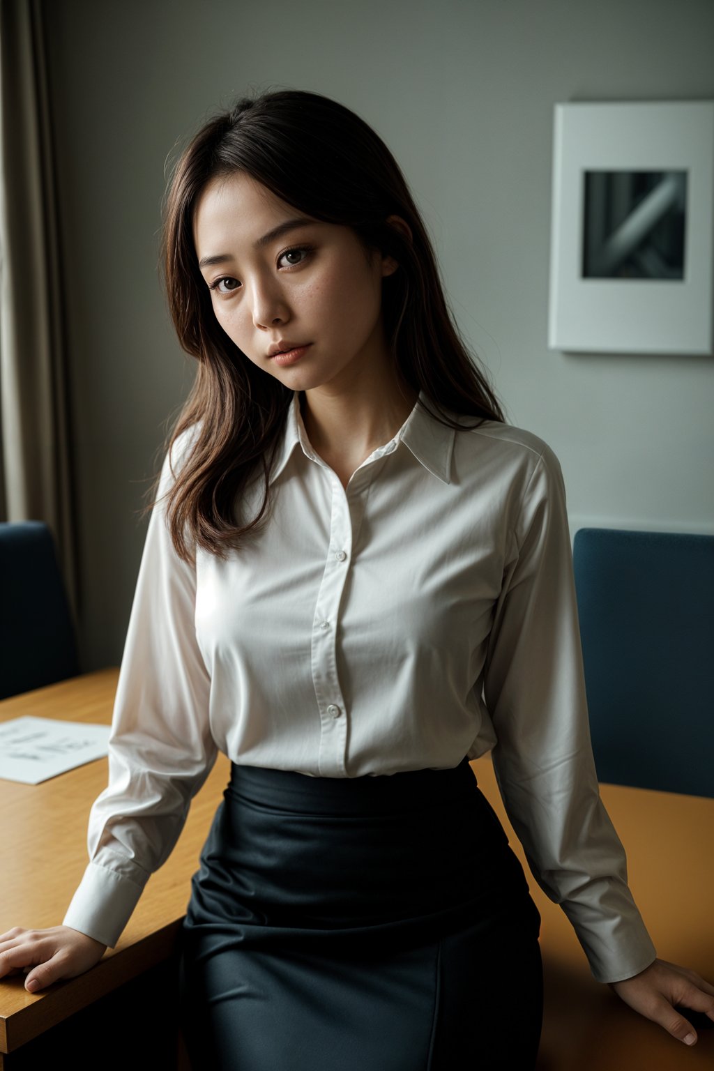 headshot of woman, sitting at a desk, at a (office), BREAK elegant blouse, pencil skirt, makeup