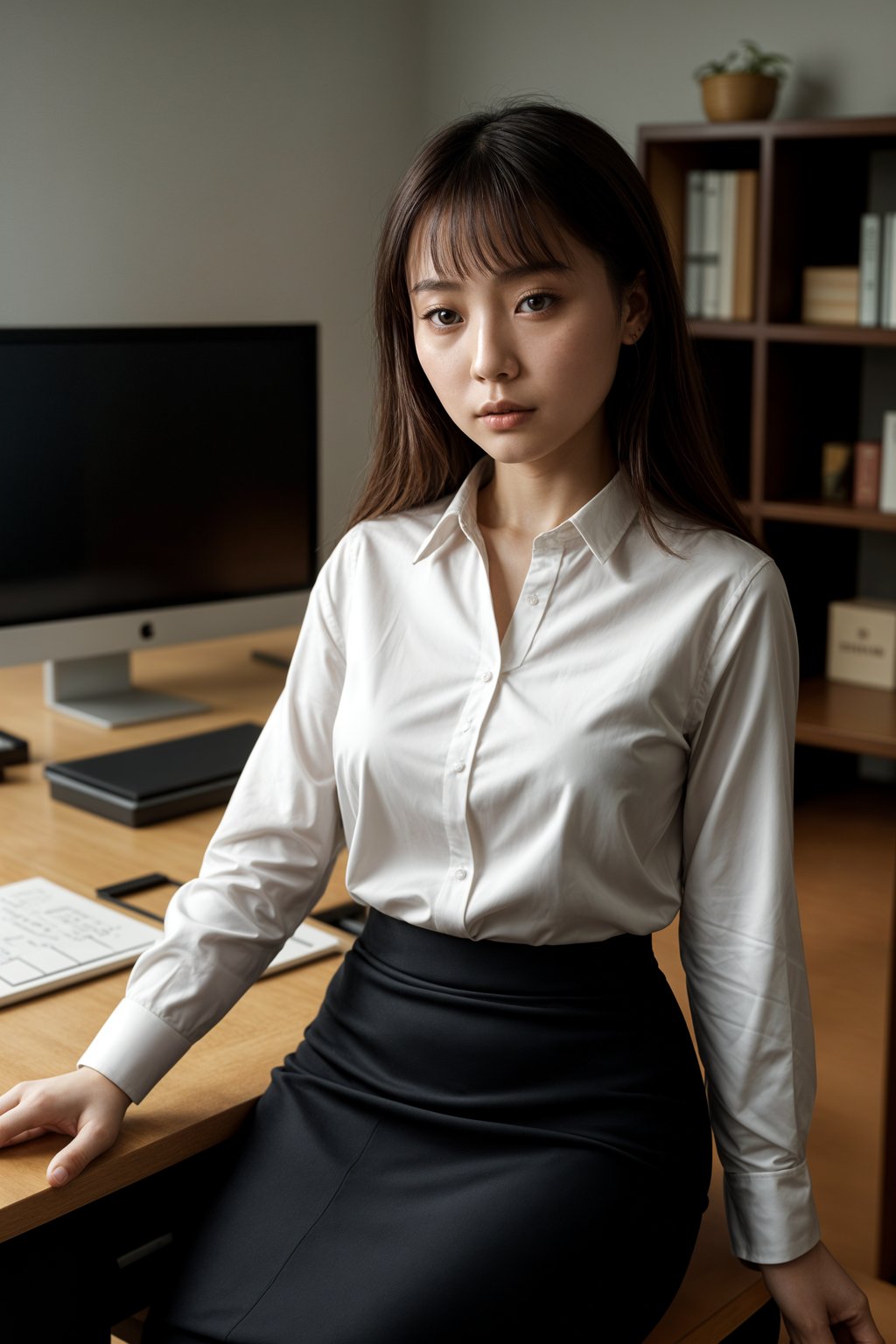 headshot of woman, sitting at a desk, at a (office), BREAK elegant blouse, pencil skirt, makeup