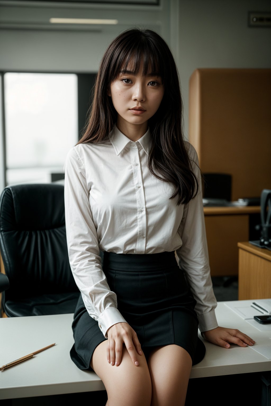 headshot of woman, sitting at a desk, at a (office), BREAK elegant blouse, pencil skirt, makeup