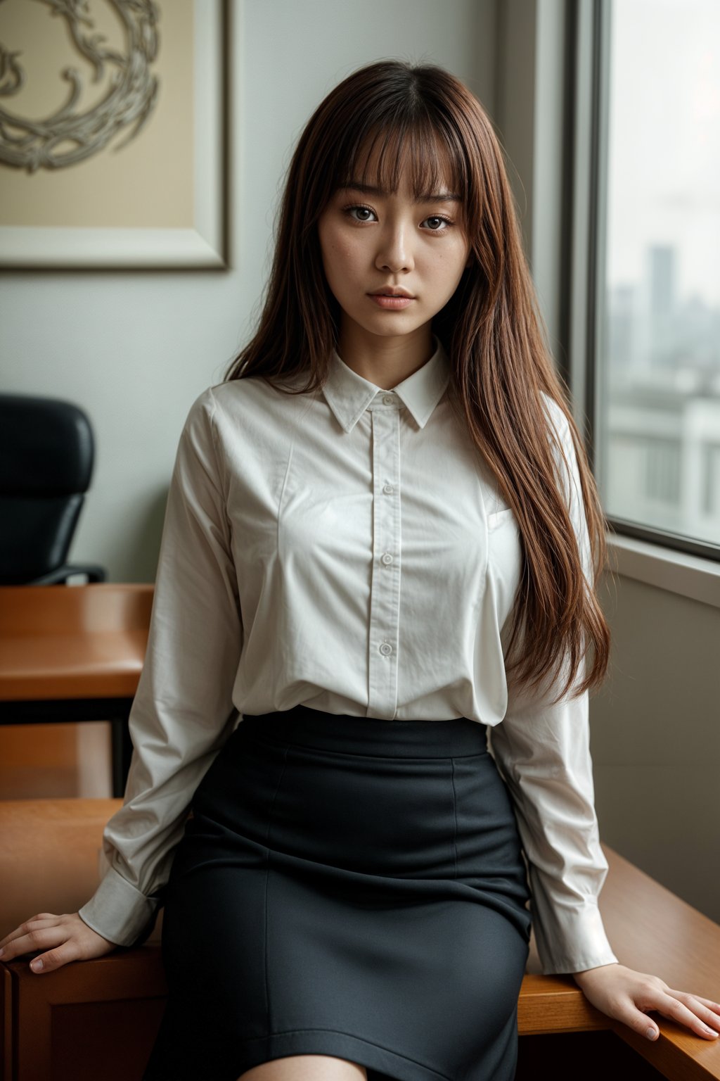 headshot of woman, sitting at a desk, at a (office), BREAK elegant blouse, pencil skirt, makeup