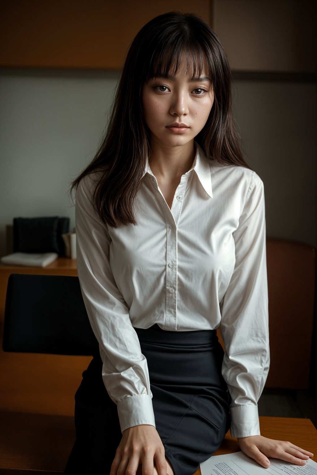 headshot of woman, sitting at a desk, at a (office), BREAK elegant blouse, pencil skirt, makeup