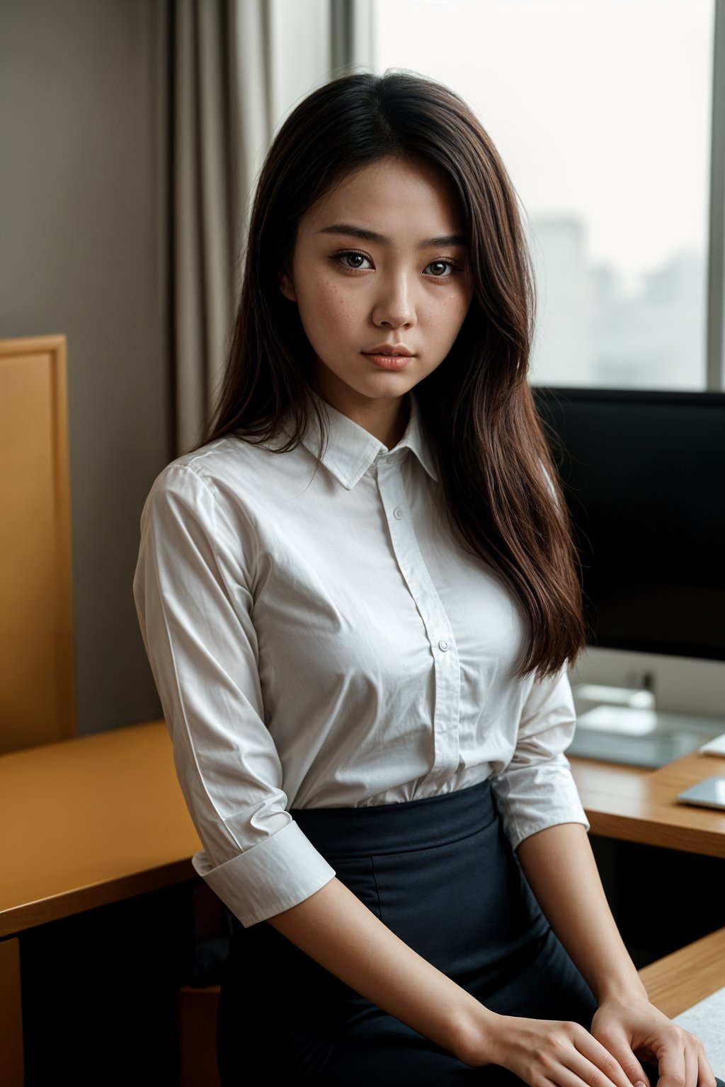 headshot of woman, sitting at a desk, at a (office), BREAK elegant blouse, pencil skirt, makeup