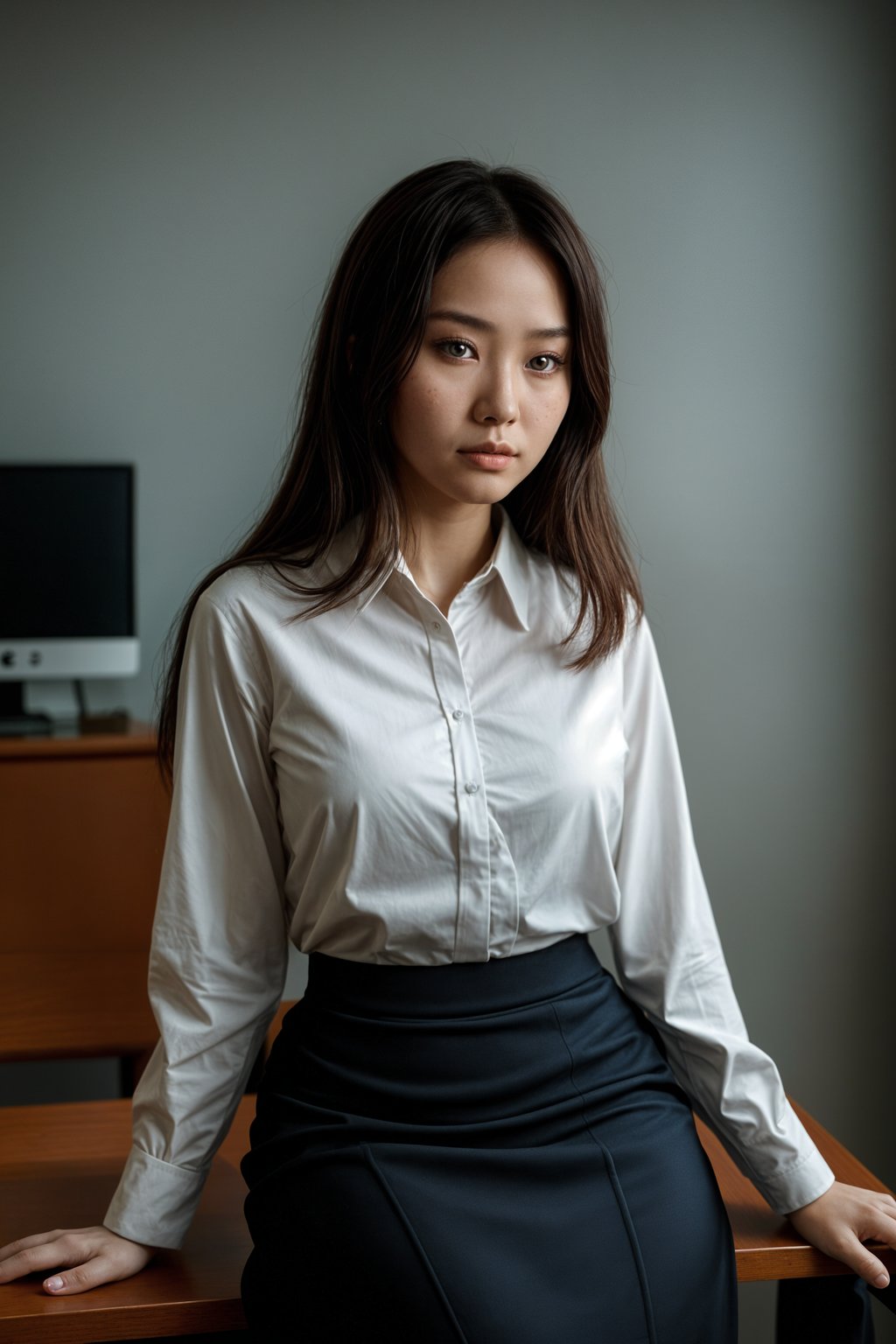 headshot of woman, sitting at a desk, at a (office), BREAK elegant blouse, pencil skirt, makeup