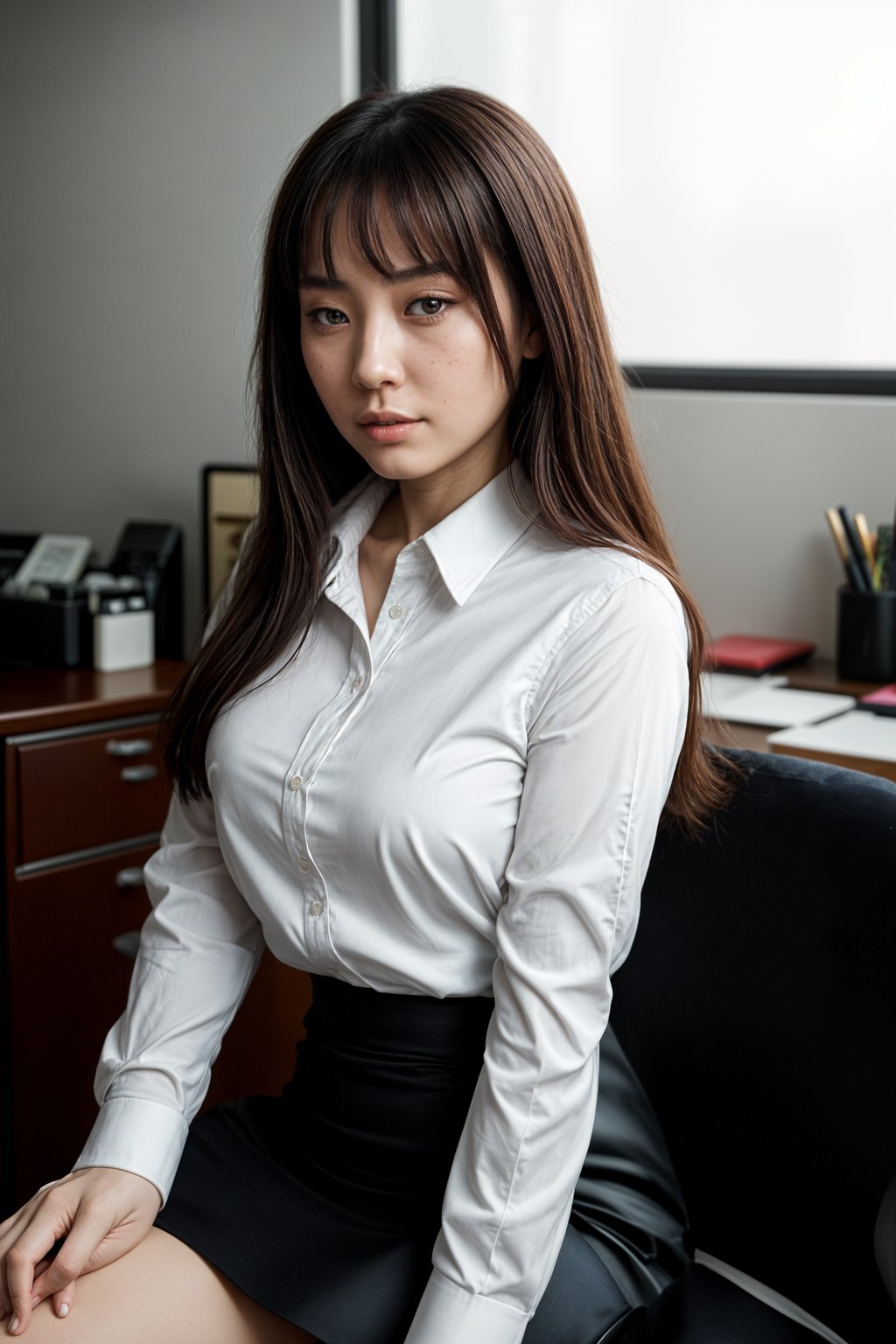 headshot of woman, sitting at a desk, at a (office), BREAK elegant blouse, pencil skirt, makeup