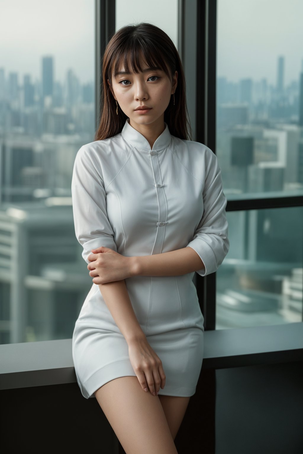 8k professional headshot of woman, crisp details, studio backdrop, executive attire, confident posture, neutral expression, high-definition, corporate setting, sharp focus, ambient lighting, business professional, cityscape view