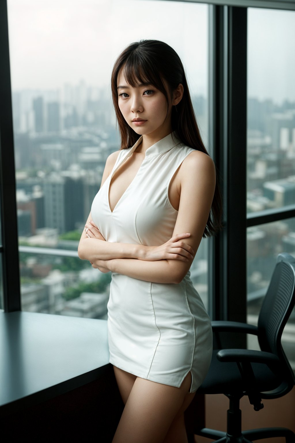 8k professional headshot of woman, crisp details, studio backdrop, executive attire, confident posture, neutral expression, high-definition, corporate setting, sharp focus, ambient lighting, business professional, cityscape view