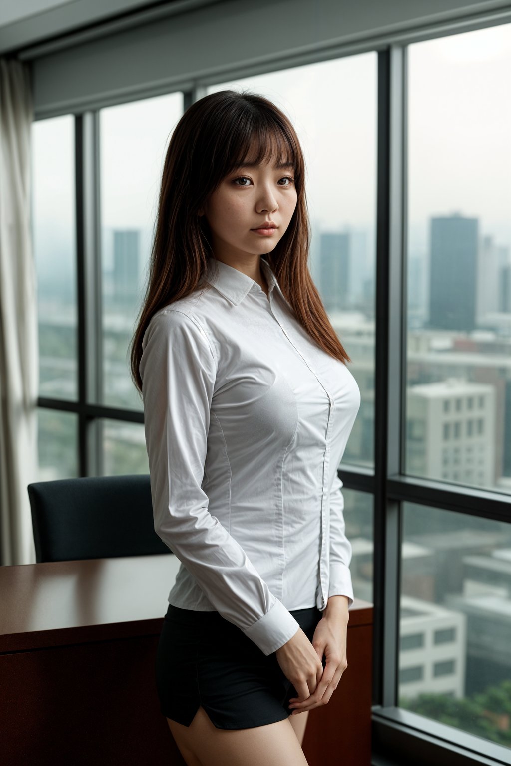 8k professional headshot of woman, crisp details, studio backdrop, executive attire, confident posture, neutral expression, high-definition, corporate setting, sharp focus, ambient lighting, business professional, cityscape view