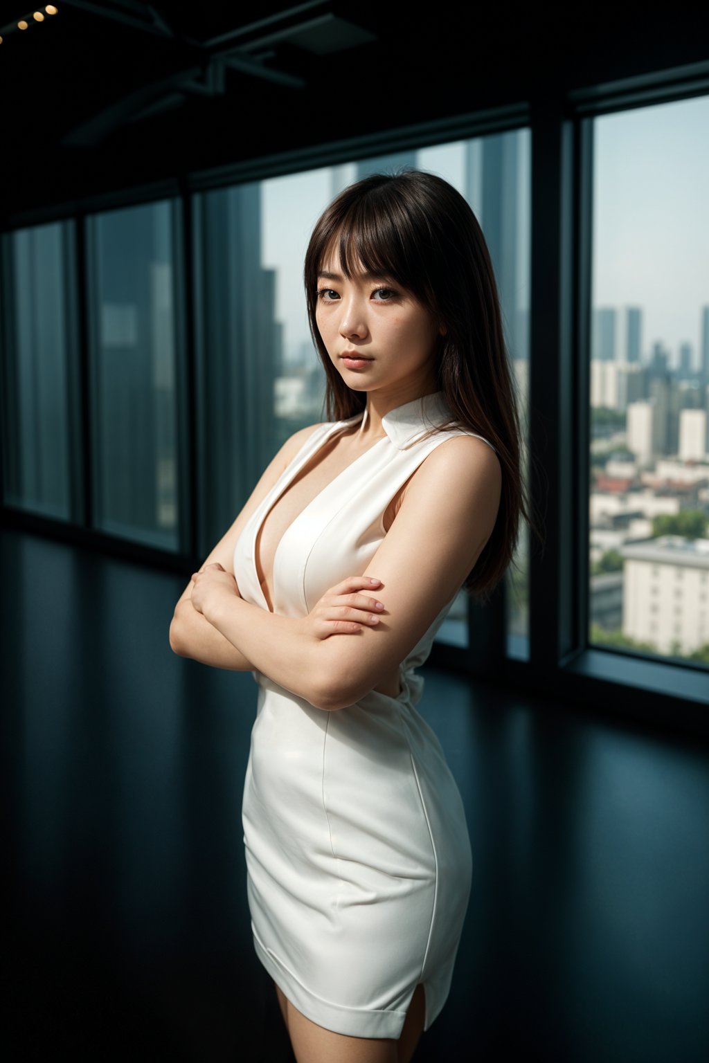 8k professional headshot of woman, crisp details, studio backdrop, executive attire, confident posture, neutral expression, high-definition, corporate setting, sharp focus, ambient lighting, business professional, cityscape view