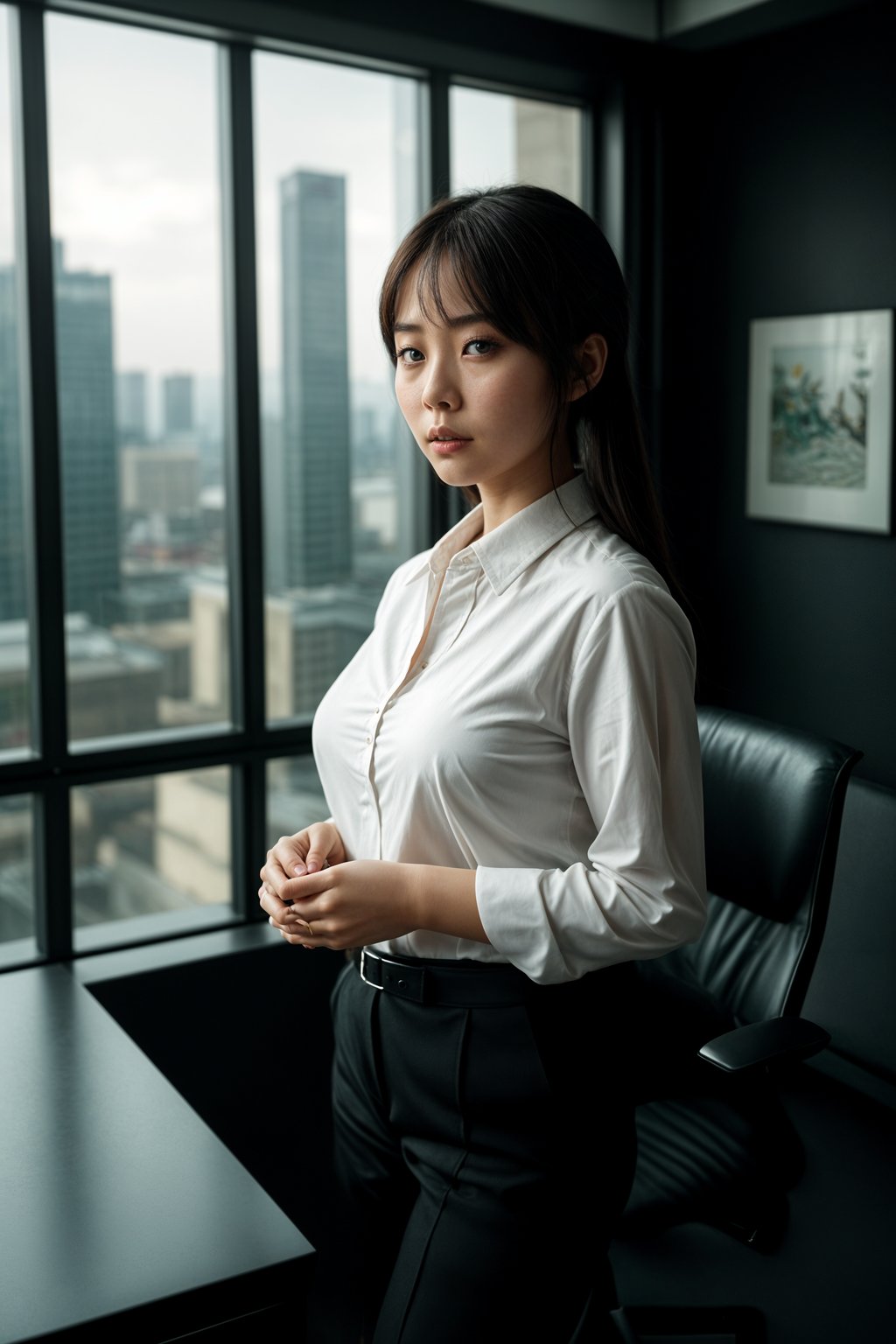 8k professional headshot of woman, crisp details, studio backdrop, executive attire, confident posture, neutral expression, high-definition, corporate setting, sharp focus, ambient lighting, business professional, cityscape view