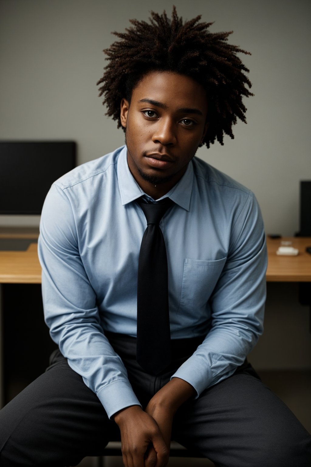 headshot of man, sitting at a desk, at a (office),  shirt and tie and suit pants