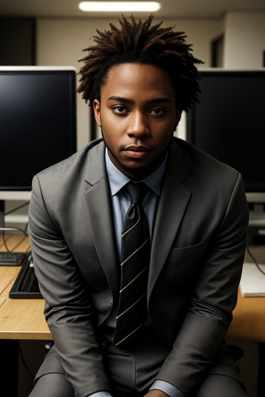 headshot of man, sitting at a desk, at a (office),  shirt and tie and suit pants