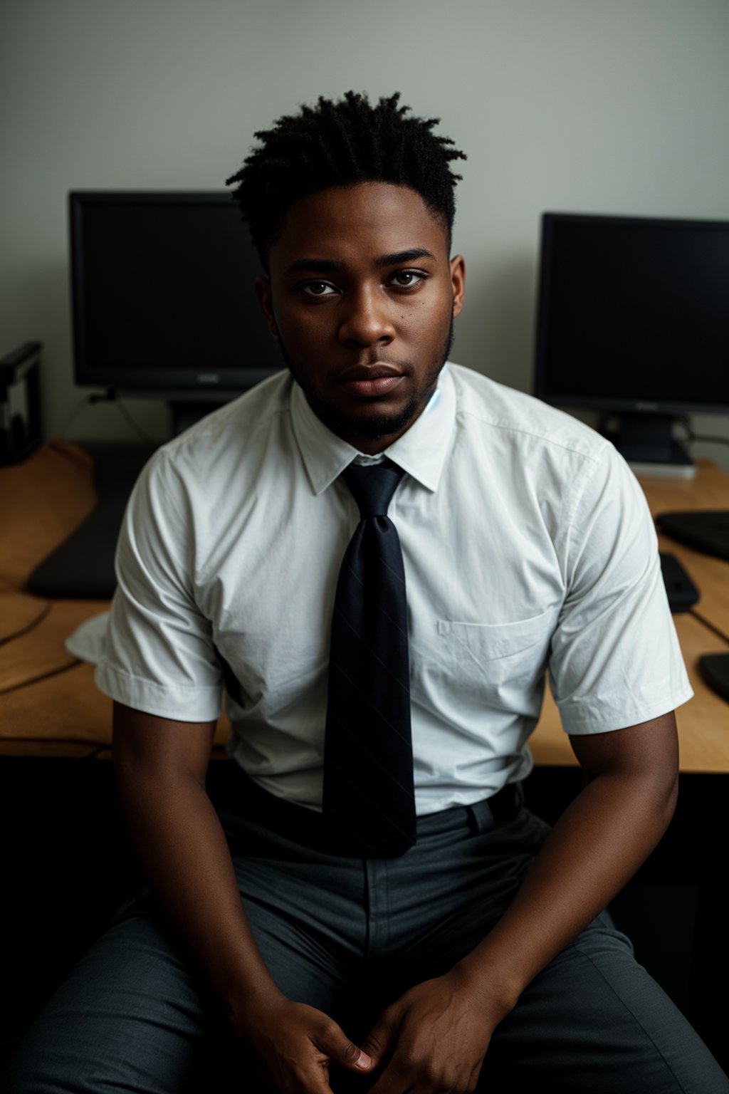 headshot of man, sitting at a desk, at a (office),  shirt and tie and suit pants