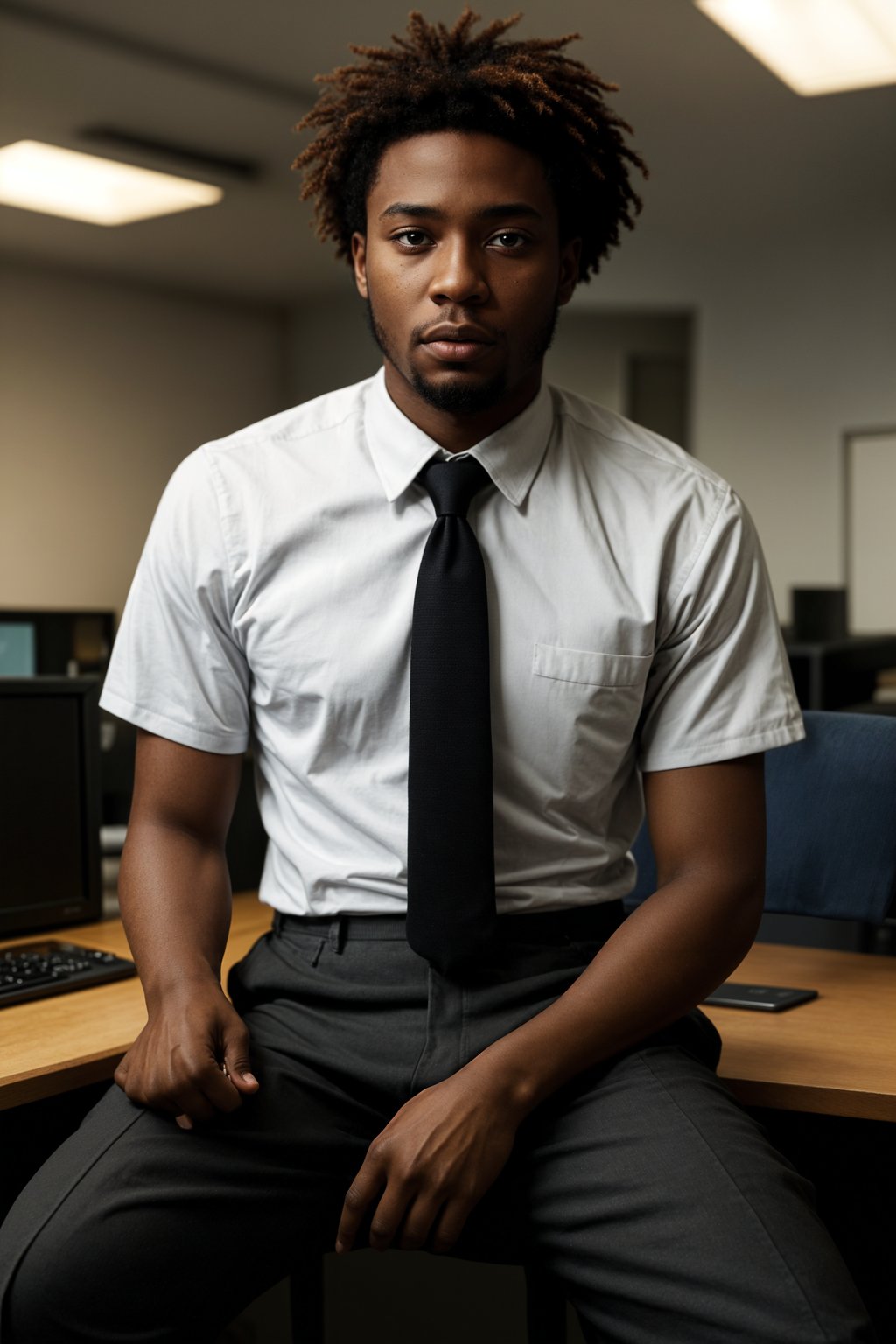 headshot of man, sitting at a desk, at a (office),  shirt and tie and suit pants