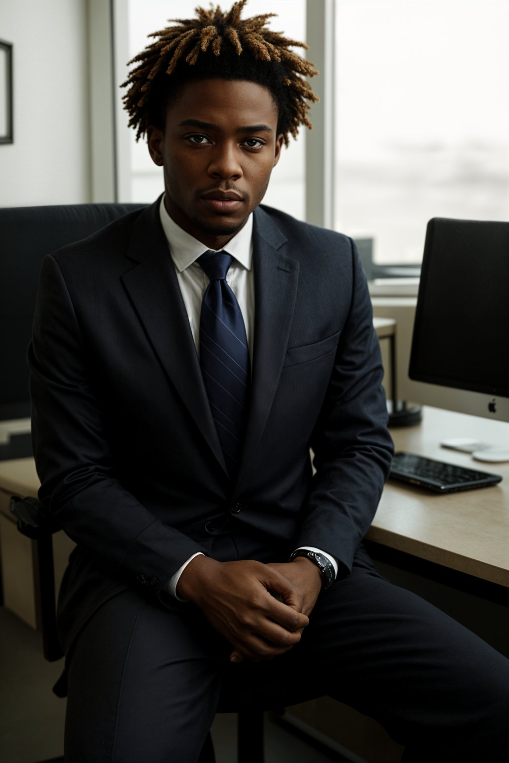 headshot of man, sitting at a desk, at a (office),  shirt and tie and suit pants