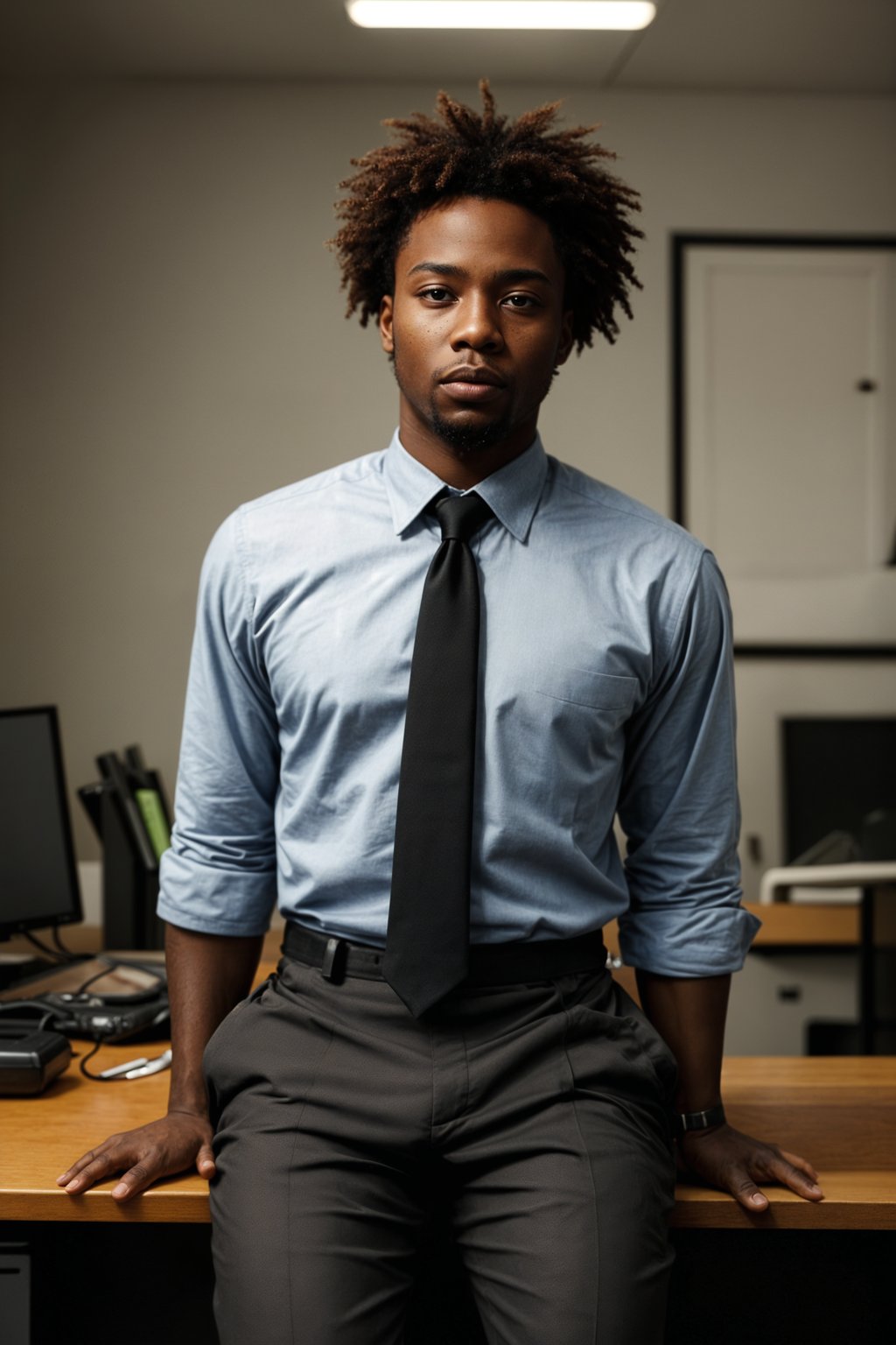 headshot of man, sitting at a desk, at a (office),  shirt and tie and suit pants