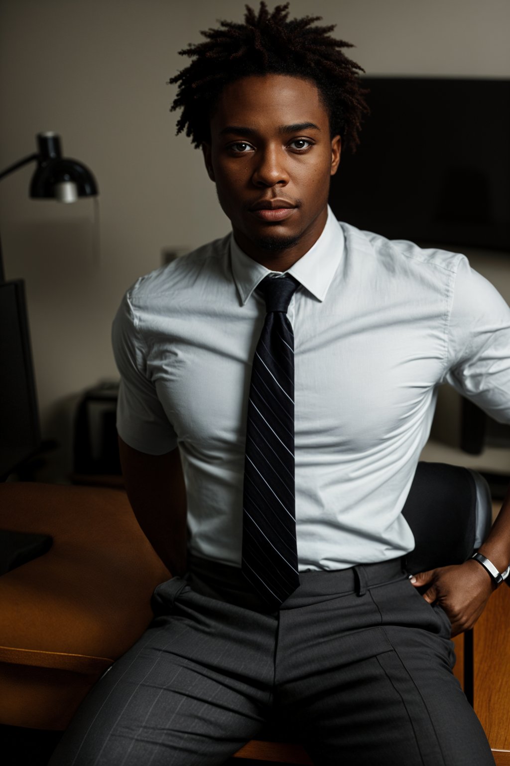 headshot of man, sitting at a desk, at a (office),  shirt and tie and suit pants