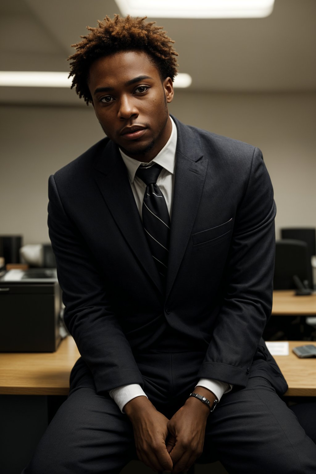 headshot of man, sitting at a desk, at a (office),  shirt and tie and suit pants