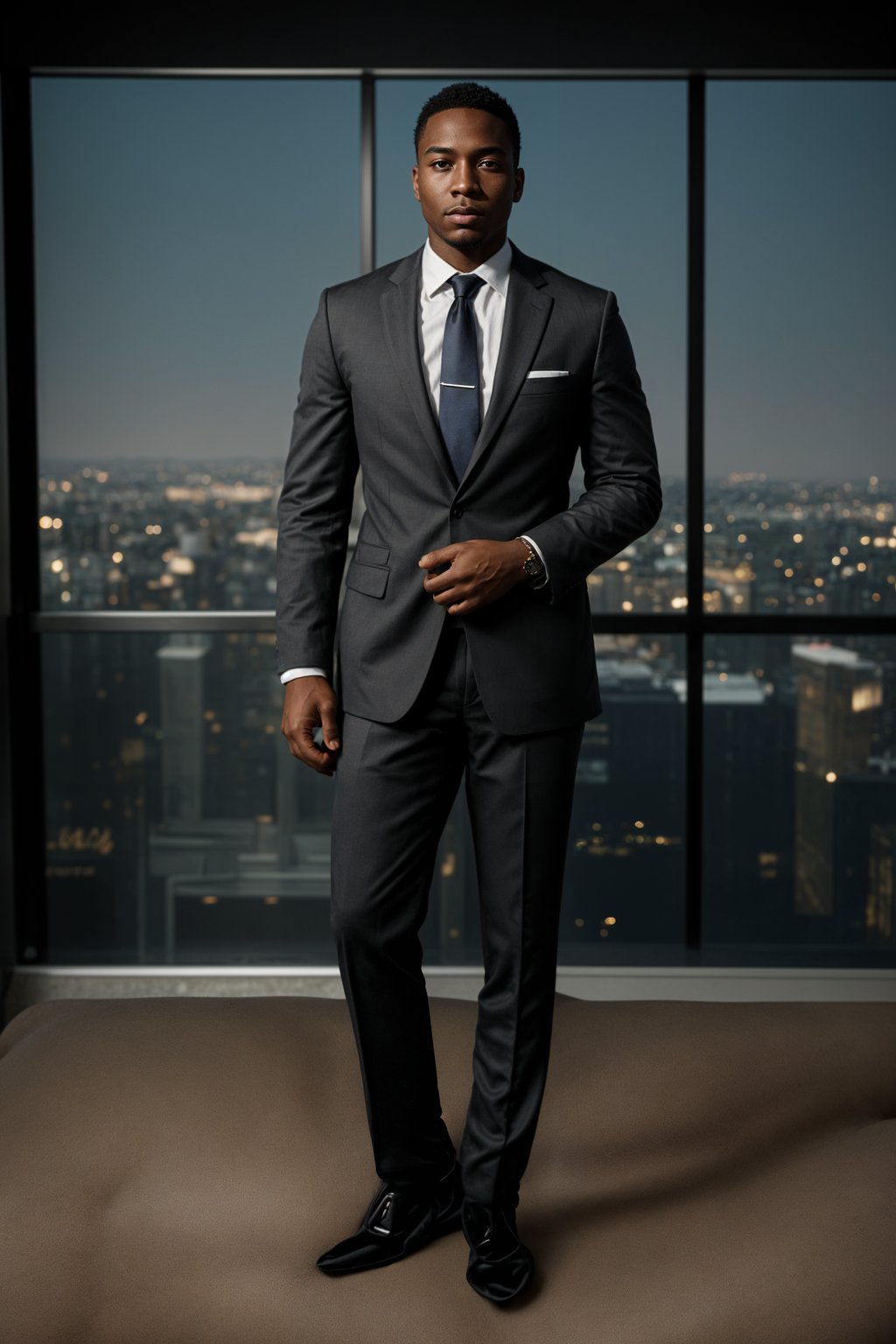 8k professional headshot of man, crisp details, studio backdrop, executive attire, confident posture, neutral expression, high-definition, corporate setting, sharp focus, ambient lighting, business professional, cityscape view