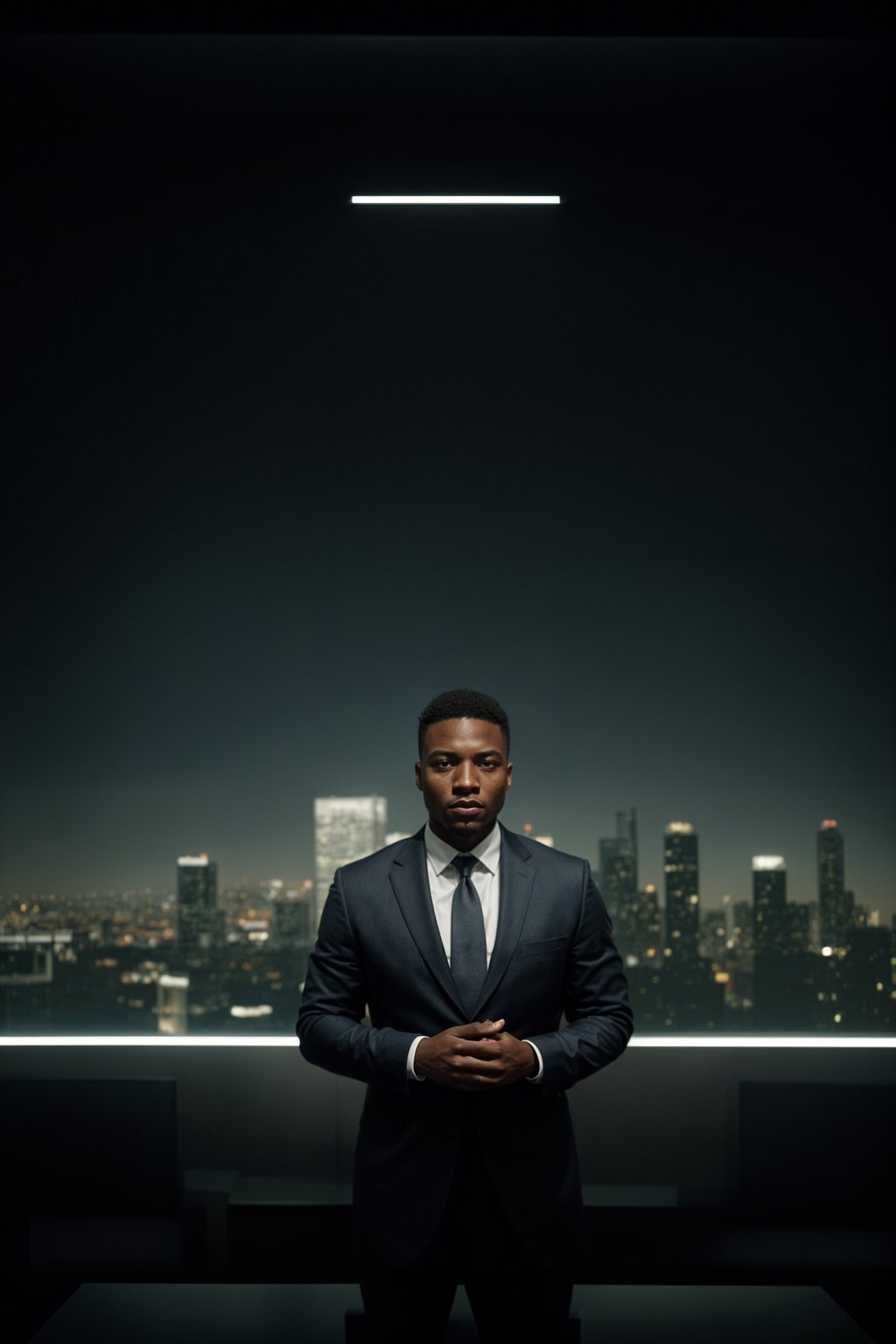 8k professional headshot of man, crisp details, studio backdrop, executive attire, confident posture, neutral expression, high-definition, corporate setting, sharp focus, ambient lighting, business professional, cityscape view