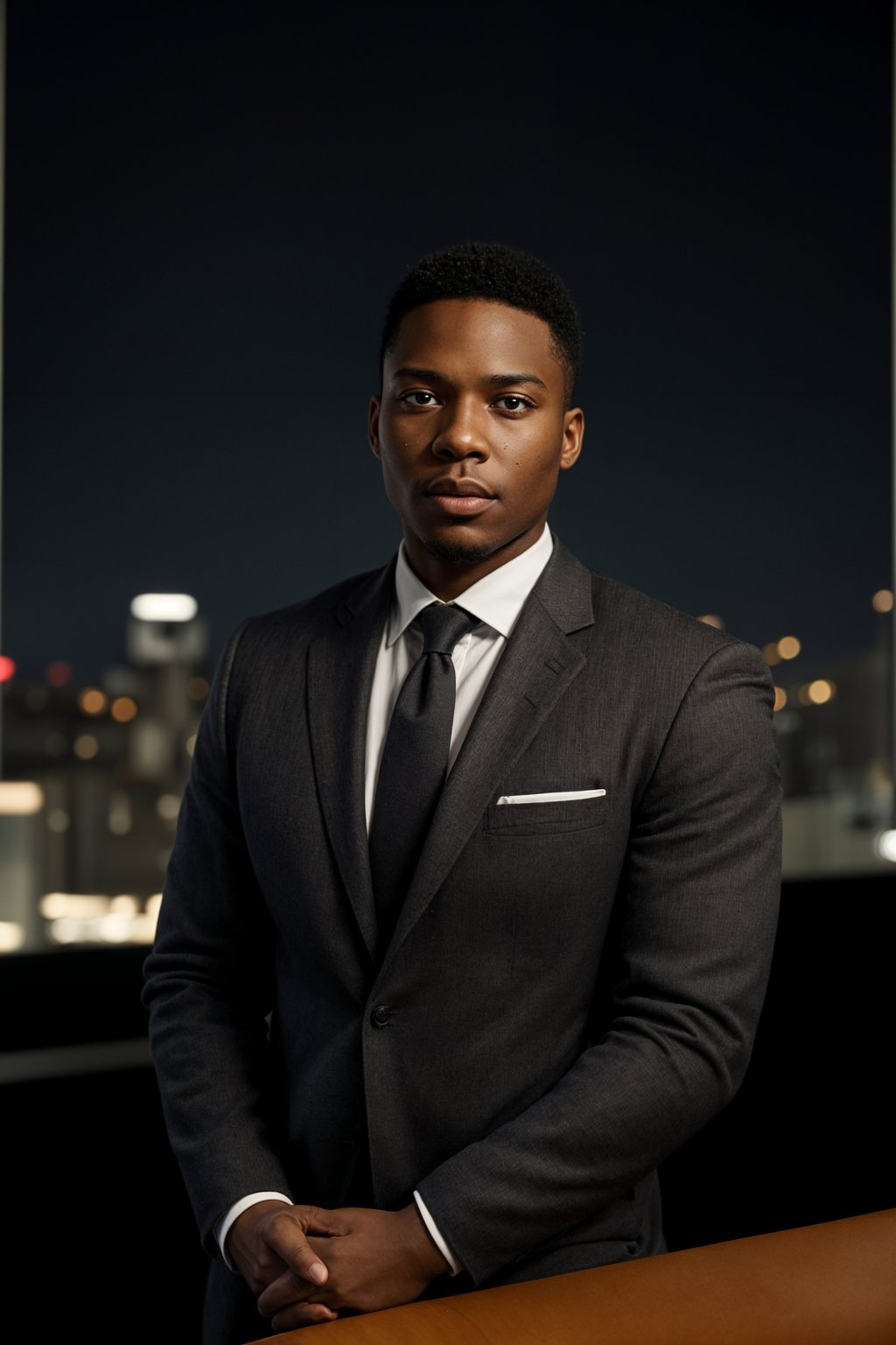 8k professional headshot of man, crisp details, studio backdrop, executive attire, confident posture, neutral expression, high-definition, corporate setting, sharp focus, ambient lighting, business professional, cityscape view