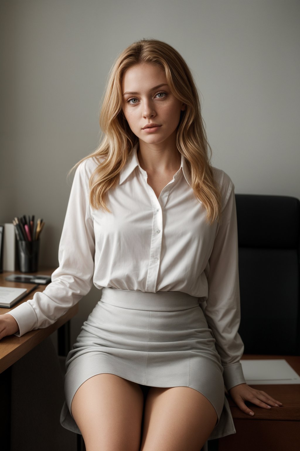 headshot of woman, sitting at a desk, at a (office), BREAK elegant blouse, pencil skirt, makeup