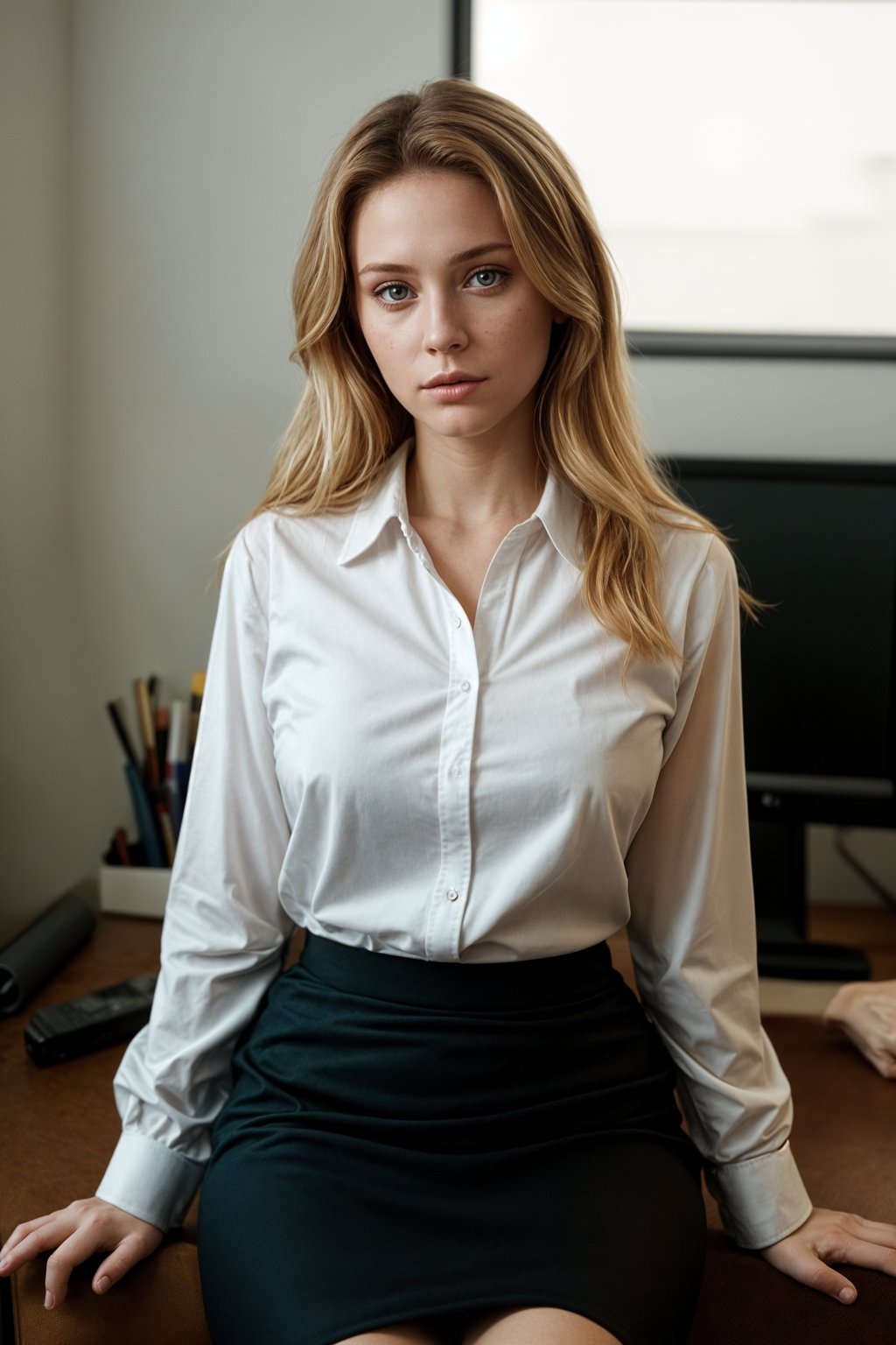 headshot of woman, sitting at a desk, at a (office), BREAK elegant blouse, pencil skirt, makeup