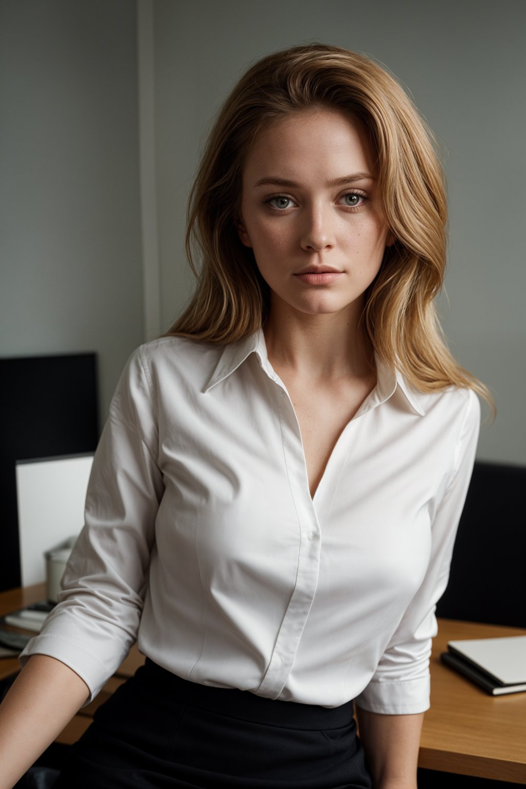 headshot of woman, sitting at a desk, at a (office), BREAK elegant blouse, pencil skirt, makeup