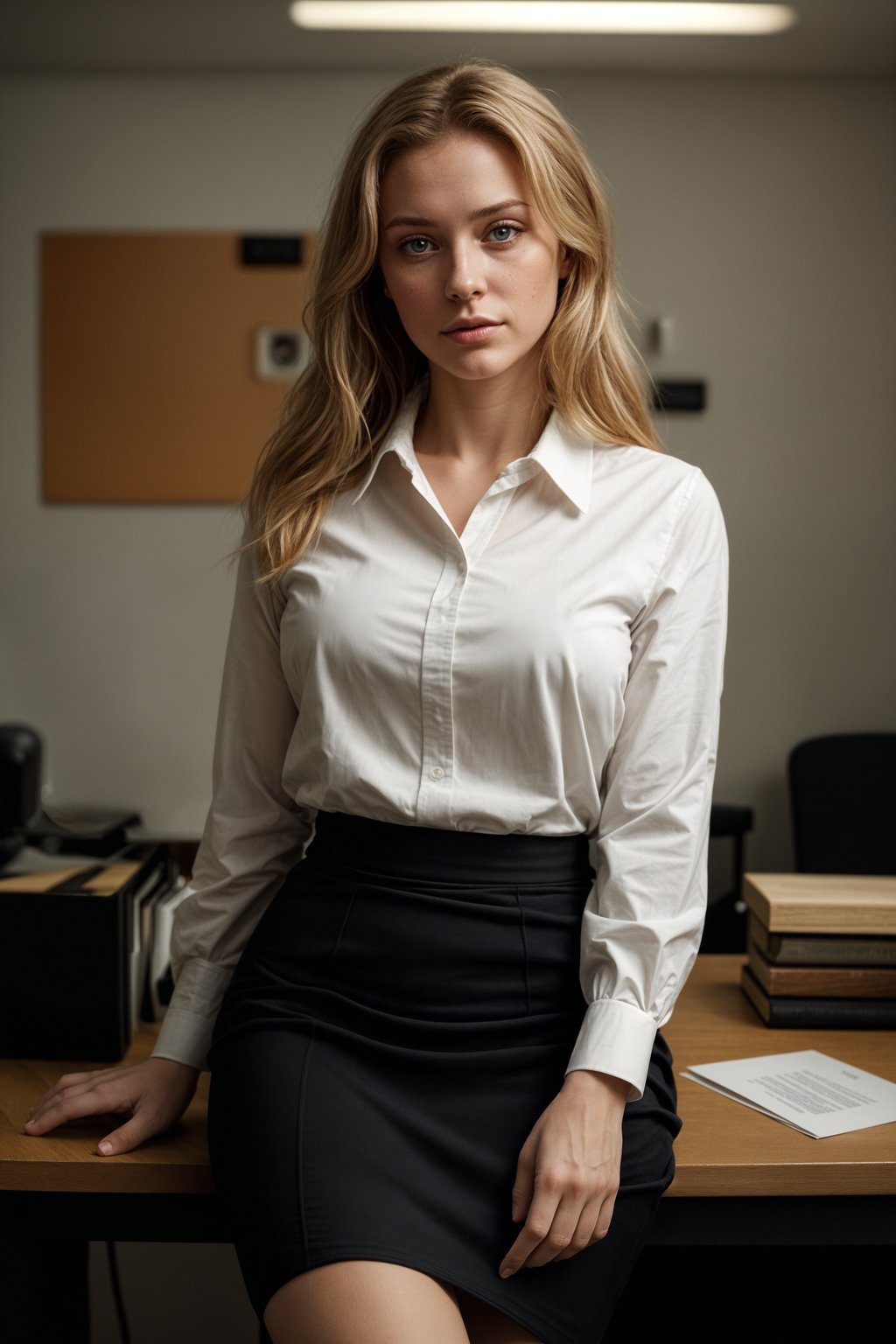 headshot of woman, sitting at a desk, at a (office), BREAK elegant blouse, pencil skirt, makeup