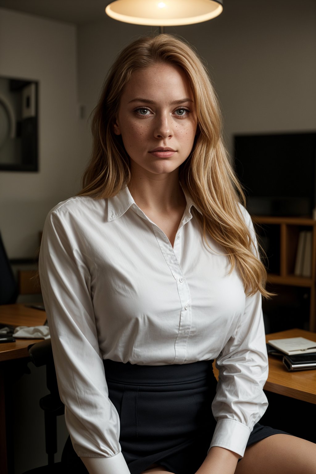 headshot of woman, sitting at a desk, at a (office), BREAK elegant blouse, pencil skirt, makeup