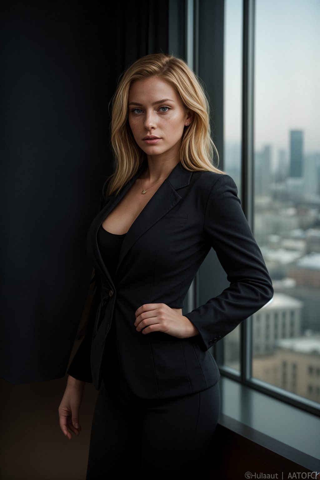 8k professional headshot of woman, crisp details, studio backdrop, executive attire, confident posture, neutral expression, high-definition, corporate setting, sharp focus, ambient lighting, business professional, cityscape view