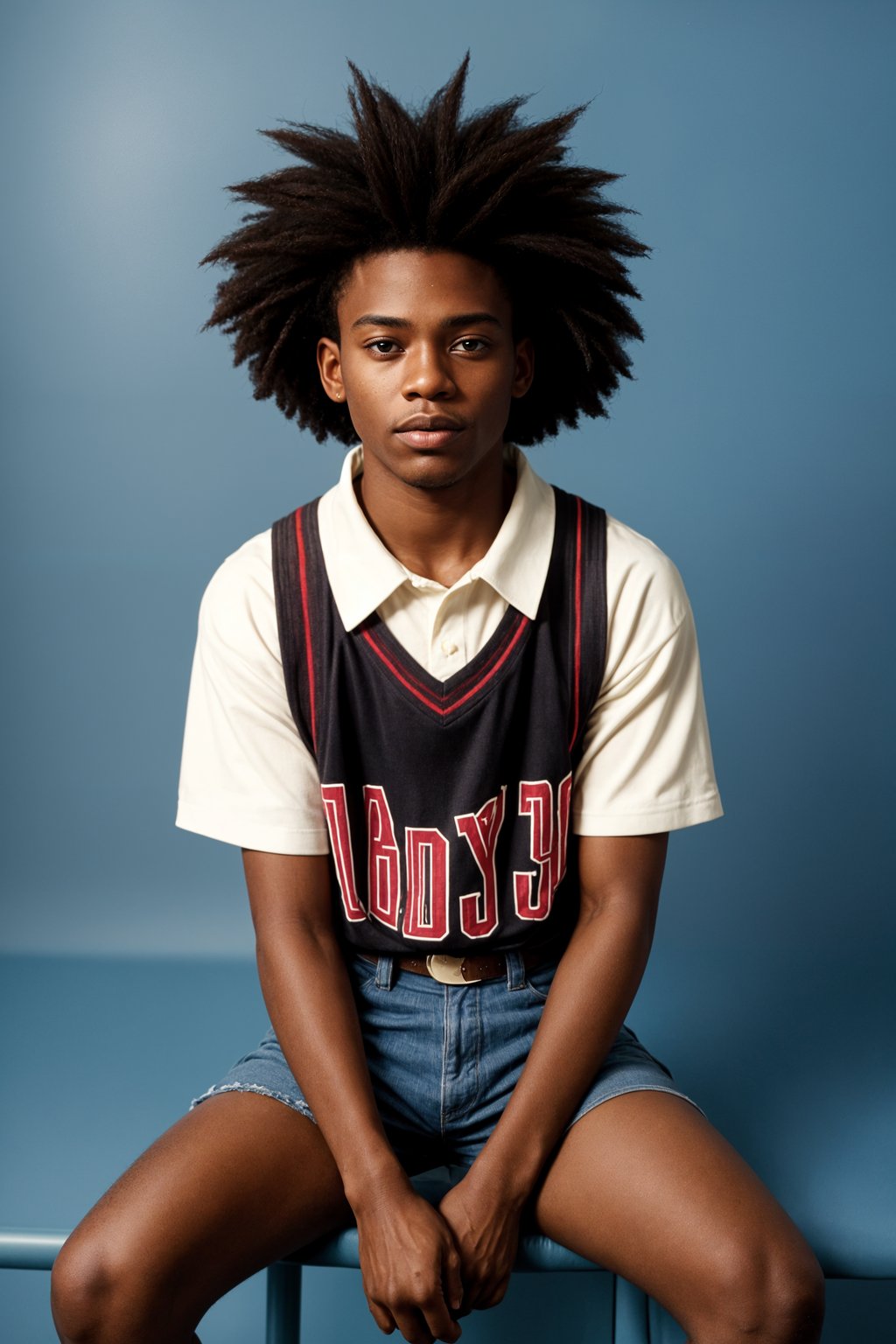 (school portrait) photo headshot of a young 18 y o man in 1990s style, nineties style, 90s, 1990s fashion, 1990s hair, school, man is sitting and posing for a (yearbook) picture, blue yearbook background, official school yearbook photo, man sitting (looking straight into camera), (school shoot), (inside), blue yearbook background