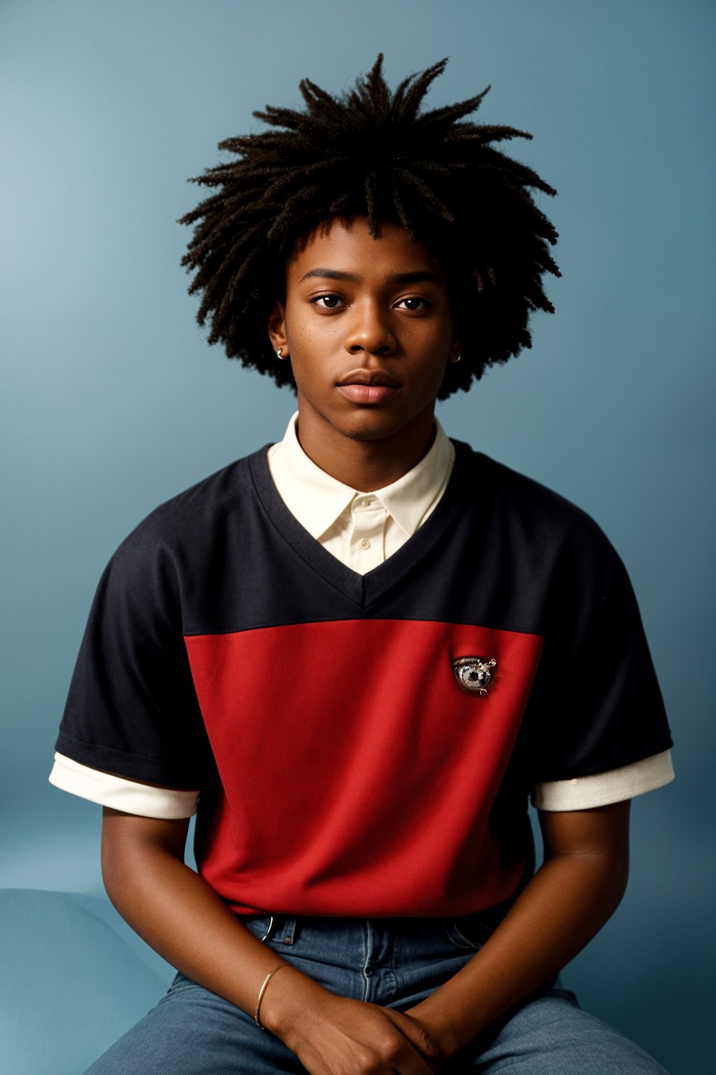 (school portrait) photo headshot of a young 18 y o man in 1990s style, nineties style, 90s, 1990s fashion, 1990s hair, school, man is sitting and posing for a (yearbook) picture, blue yearbook background, official school yearbook photo, man sitting (looking straight into camera), (school shoot), (inside), blue yearbook background